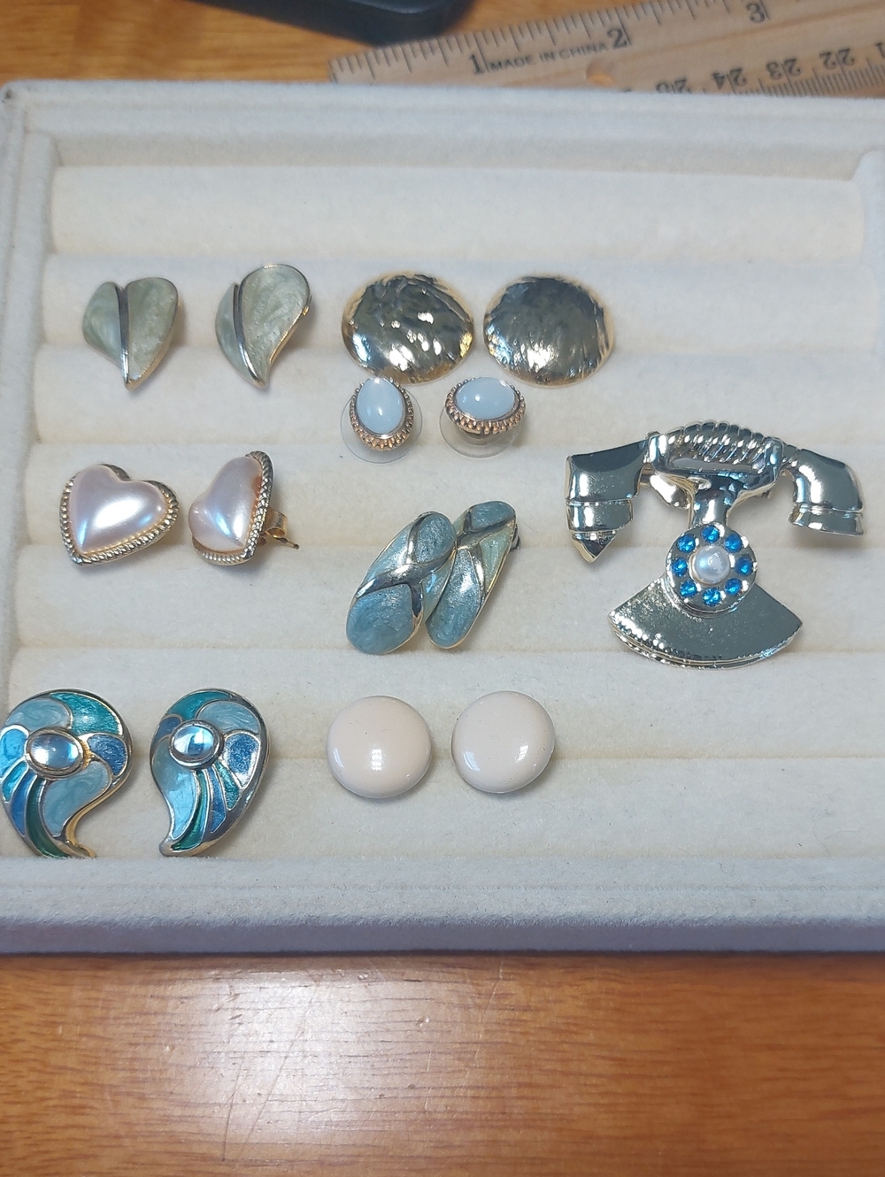 Vintage Pierced Earring Lot Blue Enamel Retro Rotary Phone Pin Brooch Set
